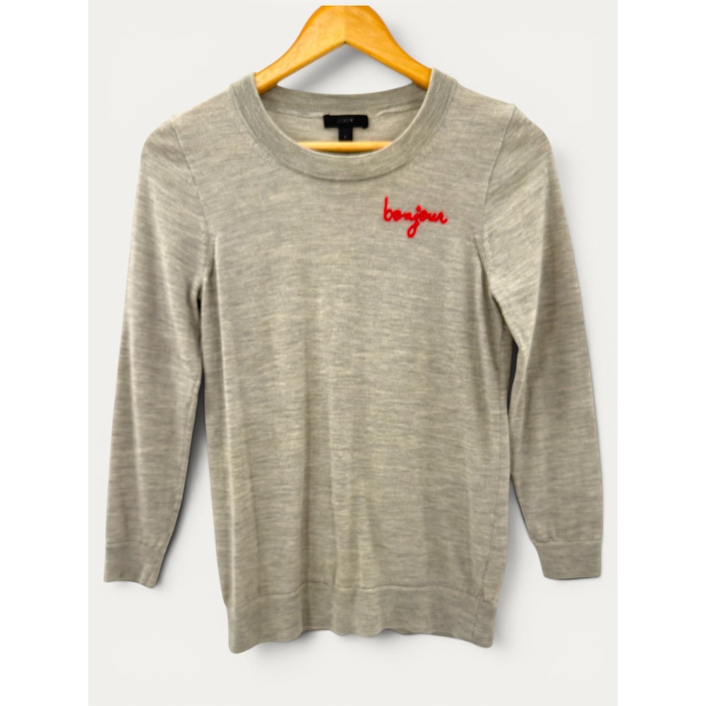 J.Crew 100% Merino Wool Bonjour Sweater Embroidered S Crew Neck Parisian Twee